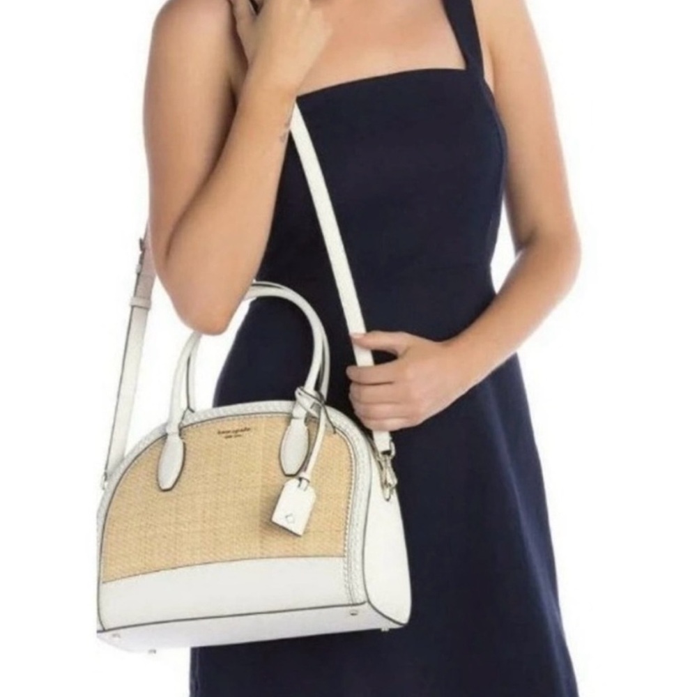 Kate Spade White Leather Woven Wicket Straw Crossbody Shoulder Arm Bag Purse